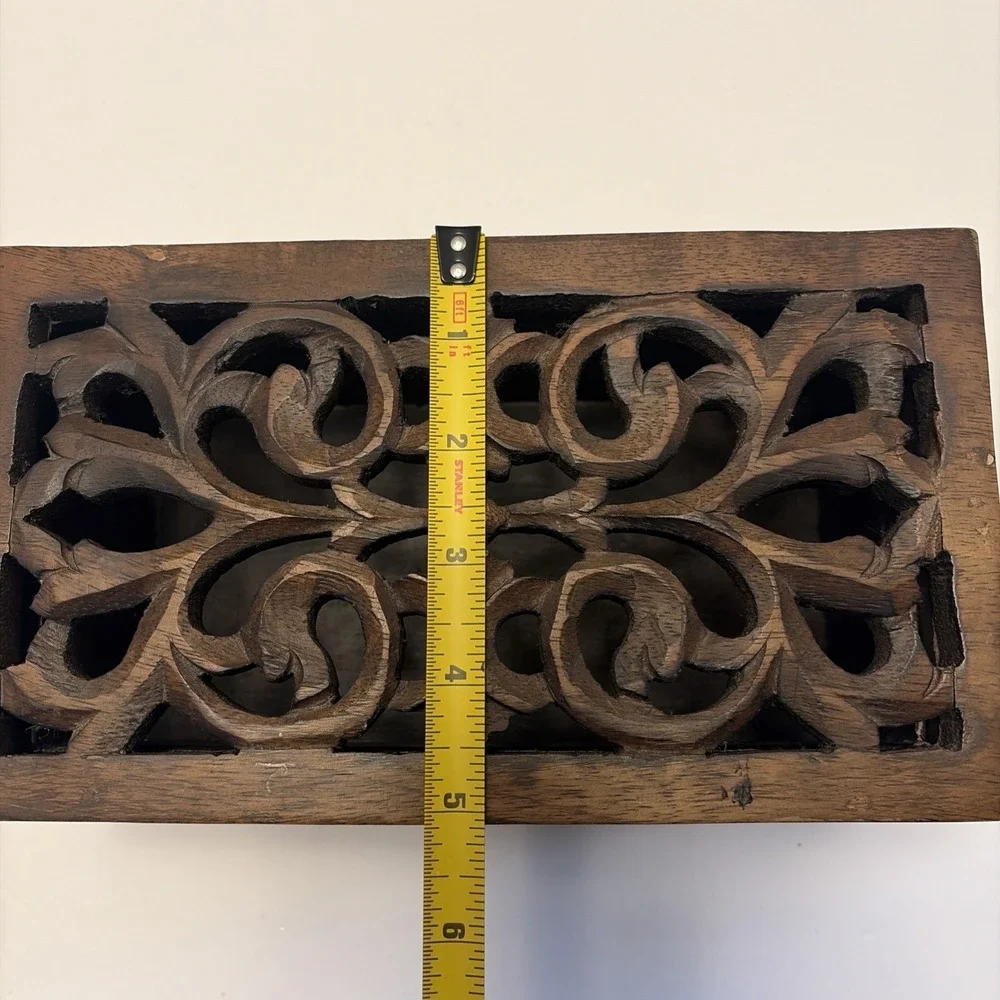 Hand Carved Wooden Trinket Pen Pencil Jewelry Box Hinged Open Cut Decorative